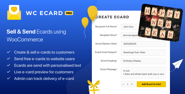 WooCommerce ECards Pro plugin interface showing digital gift card management and scheduling options