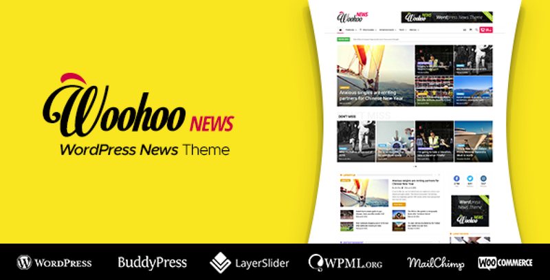 WooHoo WordPress magazine theme homepage preview with news layout and BuddyPress community features