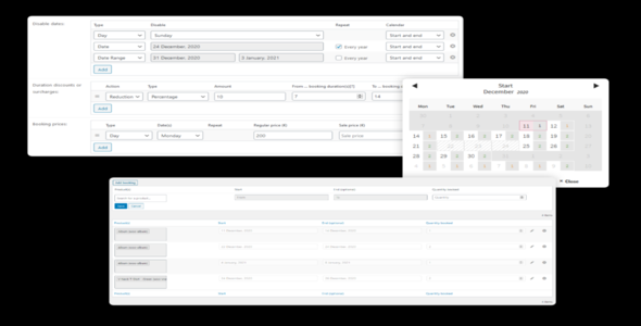 Easy Booking PRO WordPress admin showing availability calendar with booked and available dates