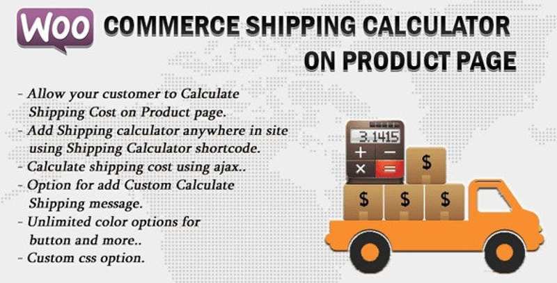 WooCommerce Shipping Calculator plugin showing shipping rate estimator on a product page with destination fields and shipping method options