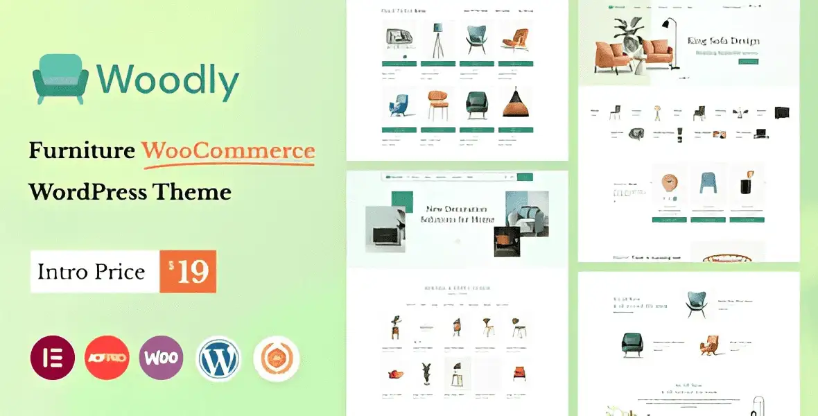 Woodly animated furniture WooCommerce theme for WordPress with Elementor builder