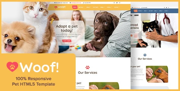 Woof pet website template preview showing responsive Bootstrap 5 layout for veterinary clinics and pet shops