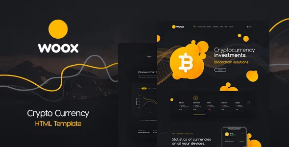 Woox Crypto cryptocurrency website HTML template showcasing 29 unique page layouts for ICO and blockchain projects