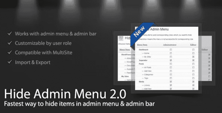 WordPress Hide Admin Menu plugin interface showing role-based menu visibility settings