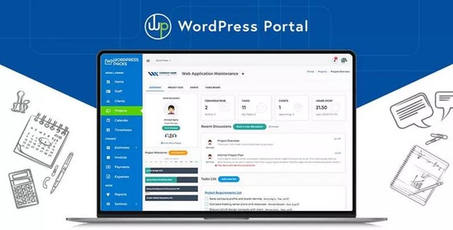 WordPress Portal Pro business dashboard plugin interface showing project management and client portal features