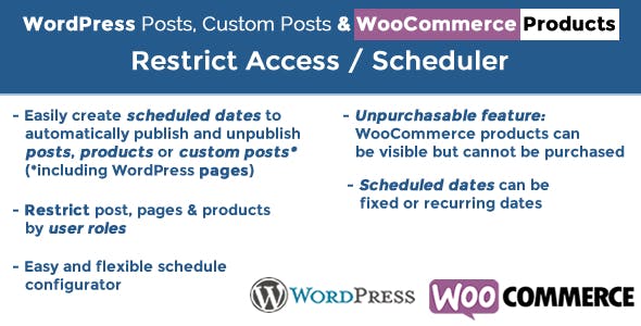 WooCommerce product scheduler interface showing date rules and access restriction settings