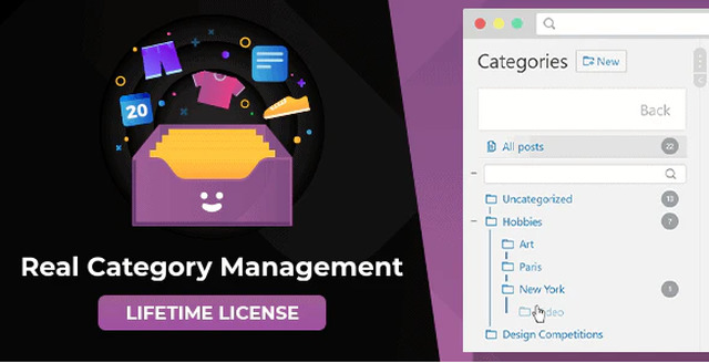 WordPress category management plugin interface showing tree view with drag and drop functionality