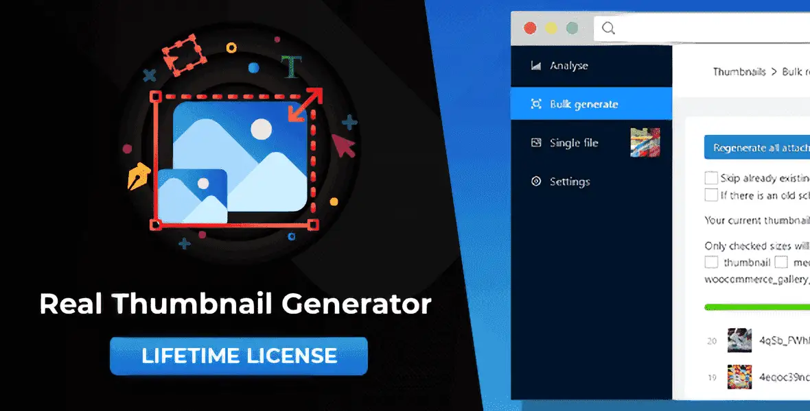 WordPress thumbnail generator plugin interface showing bulk regeneration and custom upload structure settings