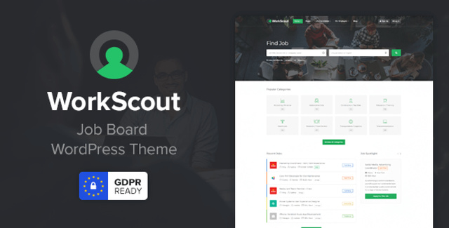 WorkScout job board WordPress theme homepage preview with job listings and search filters