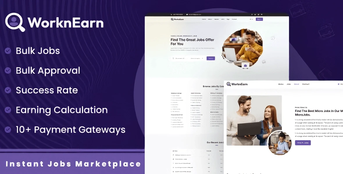 WorknEarn instant jobs marketplace PHP script dashboard preview