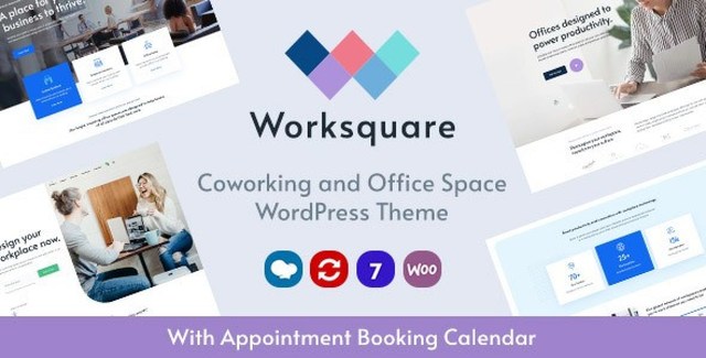 Worksquare coworking and office space WordPress theme with modern responsive design