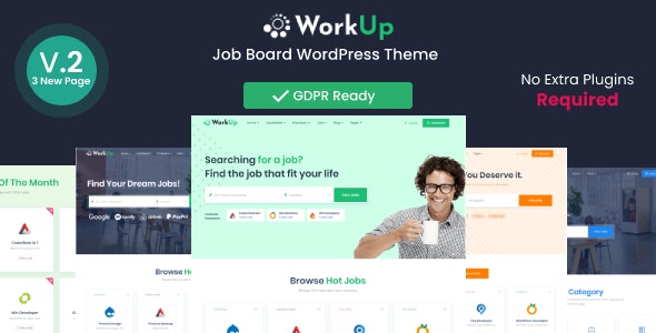 Workup job board WordPress theme screenshot showing job listings page with advanced search filters and employer dashboard