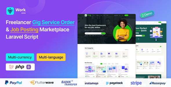 Workzone freelancer marketplace Laravel script dashboard showing gig listings and job postings