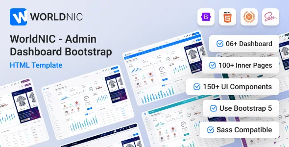 Worldnic Bootstrap admin dashboard template showing dark mode dashboard with charts, tables, and sidebar navigation