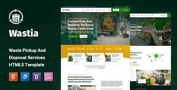 Wostix waste disposal HTML5 template preview showcasing layouts for waste pickup and management businesses