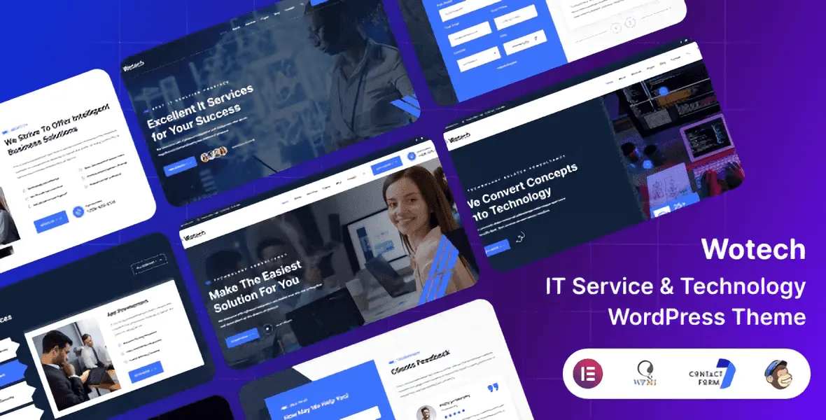 Wotech IT service WordPress theme homepage preview with Elementor design