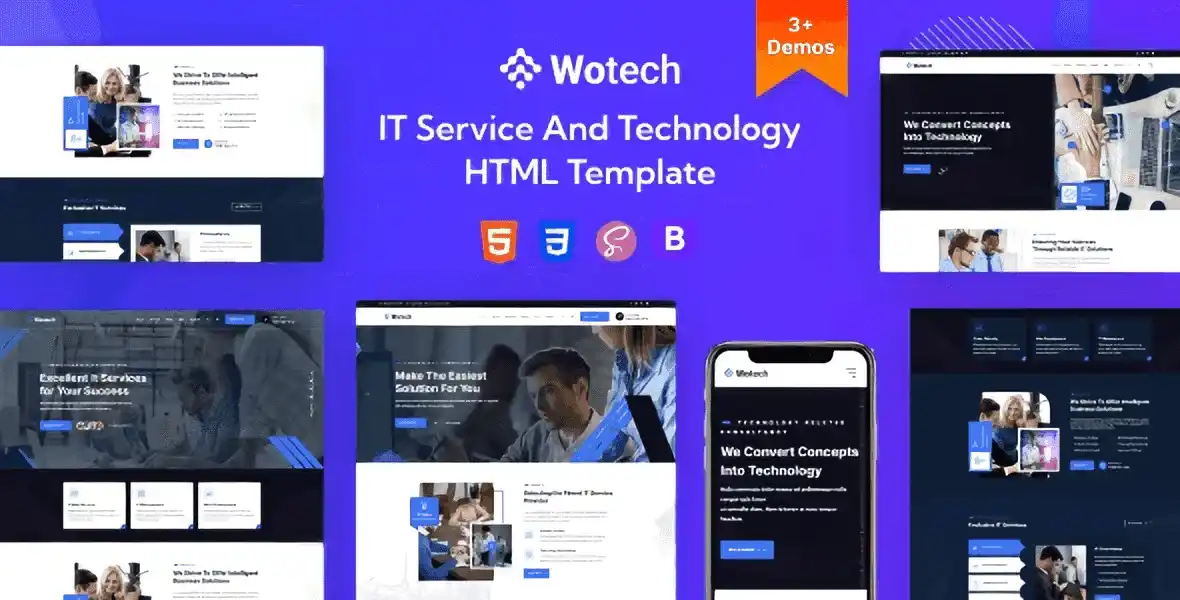 Wotech IT service HTML template preview showing modern tech business website design