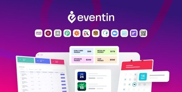 WP Eventin Pro WordPress plugin dashboard showing event creation with Elementor and WooCommerce ticket settings
