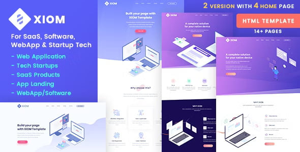 XIOM SaaS HTML template preview featuring modern minimalist design for software and web application startup websites