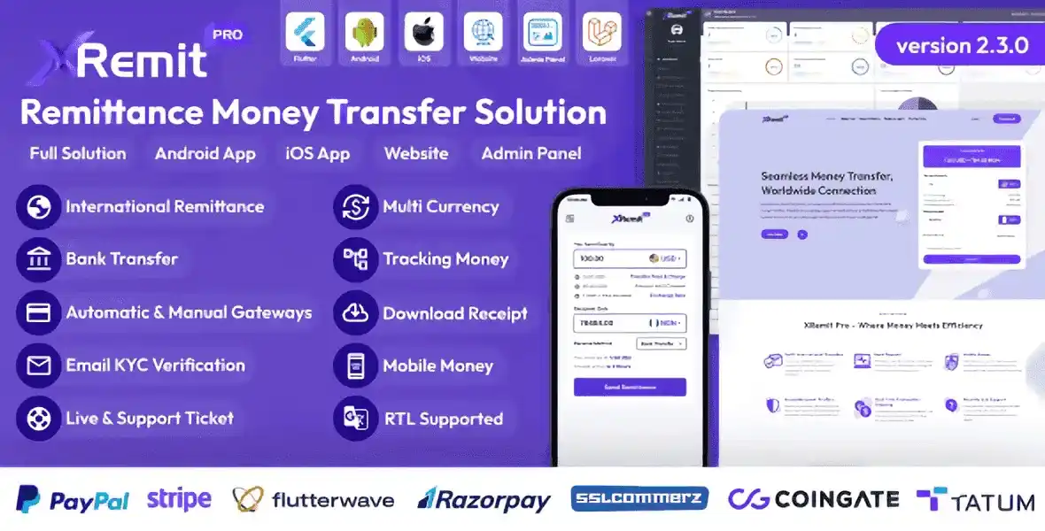 XRemit Pro remittance money transfer app script dashboard