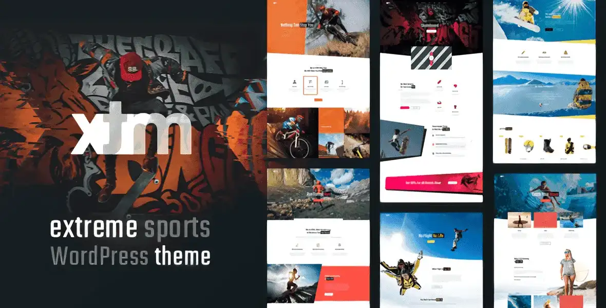 XTRM extreme sports WordPress theme homepage preview showcasing adventure tours and events