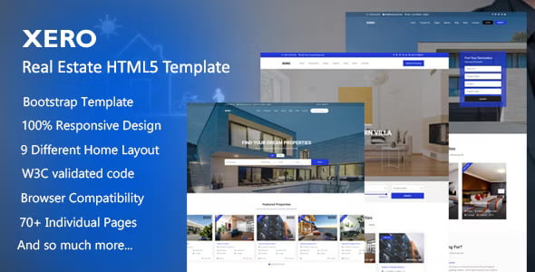 Xero real estate HTML template homepage showcasing property listings with responsive Bootstrap 4 design