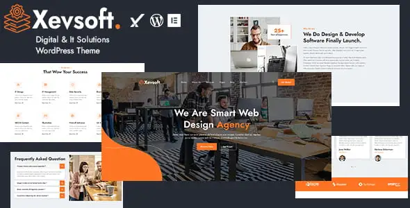 Xevsoft WordPress theme homepage preview showing IT services layout with Elementor editor interface
