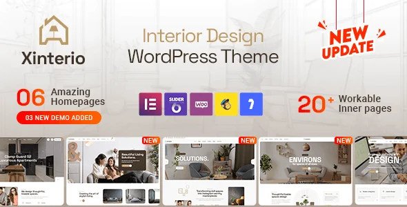 Xinterio Interior Design WordPress Theme homepage preview showing portfolio grid and Elementor editor interface