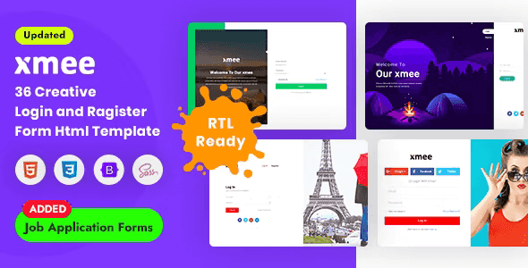 Xmee animated login and register form HTML template preview with Bootstrap 5 responsive design