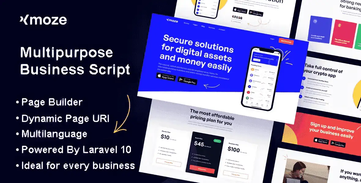 Xmoze multipurpose business script dashboard with Laravel 10 and Elementor PRO interface