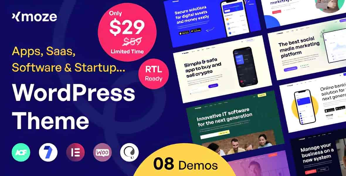 Xmoze SaaS WordPress theme preview showing a modern software startup website design