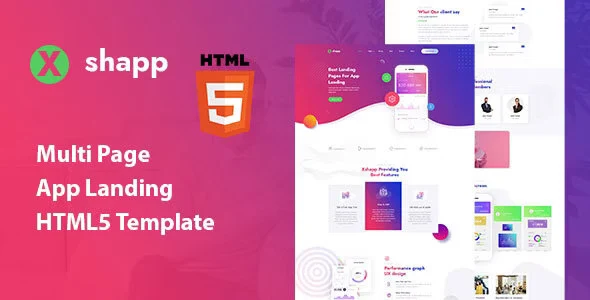 Xshapp multipage app landing HTML5 template preview showing mobile app showcase pages for iOS and Android