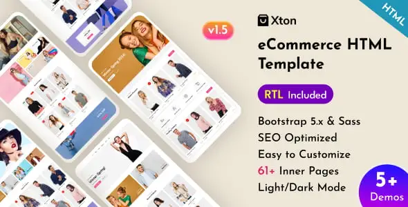 Xton ecommerce HTML template homepage preview showing responsive product grid and RTL layout toggle