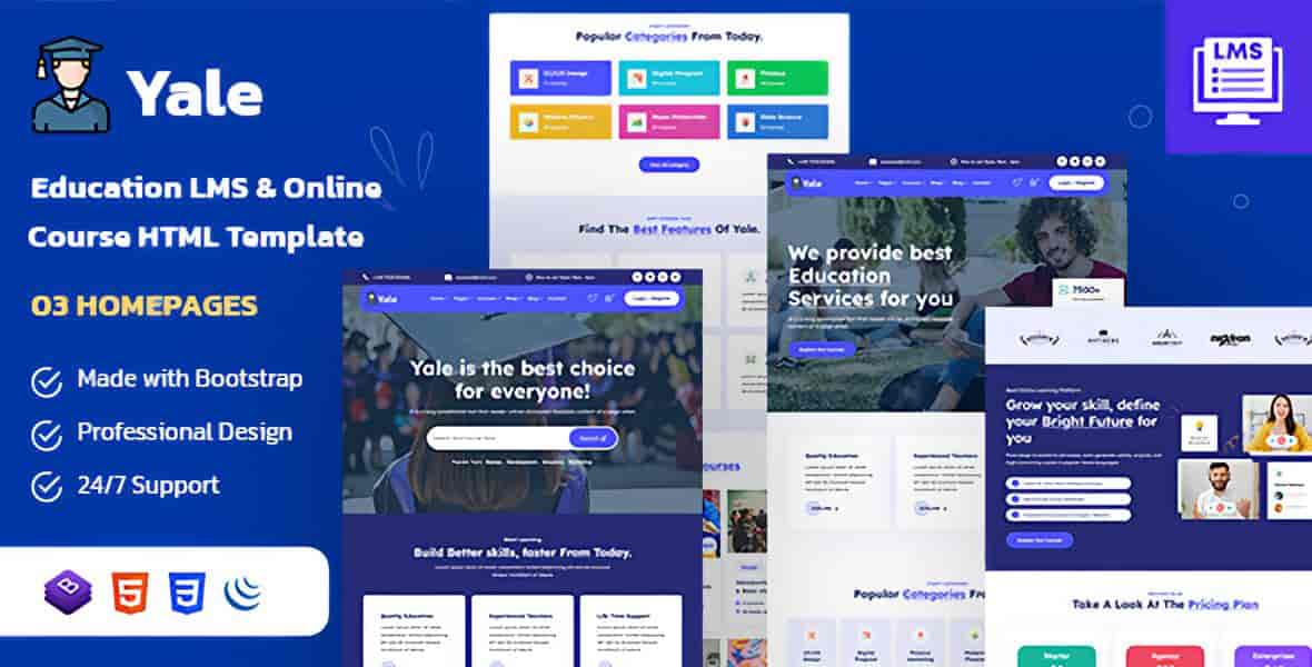 Yale education HTML template showcasing responsive homepage layouts for schools and online learning platforms