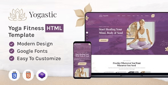 Yogastic yoga and fitness HTML template homepage preview showing a modern responsive design