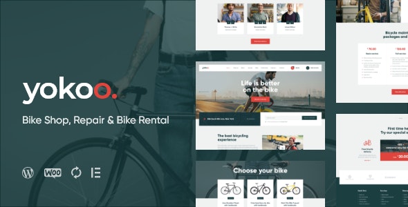 Yokoo bike shop WordPress theme homepage layout showcasing bicycle shop website design with WooCommerce store and booking features