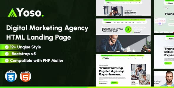 Yoso digital marketing agency HTML landing page template preview showing responsive design across desktop, tablet, and mobile devices