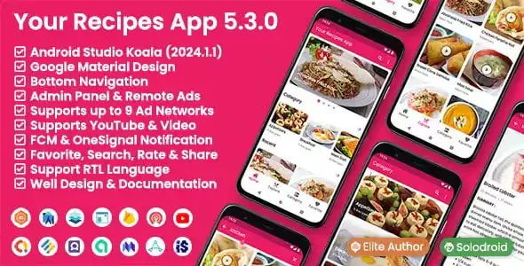 Your Recipes App PHP script showing Android mobile app interface and web-based admin panel