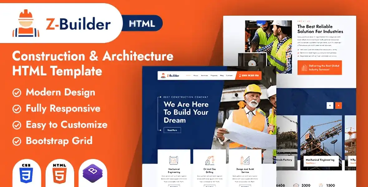 Z-Builder construction HTML5 website template with modern portfolio layout for architecture and building companies