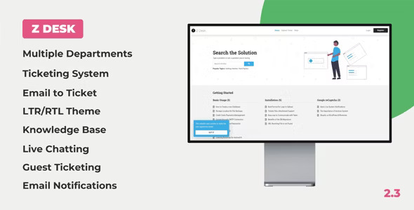 Z Desk support ticketing system dashboard with live chat and knowledge base features