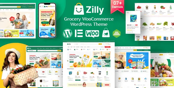 Zilly grocery WooCommerce theme homepage demo showing supermarket product layout with Elementor editor