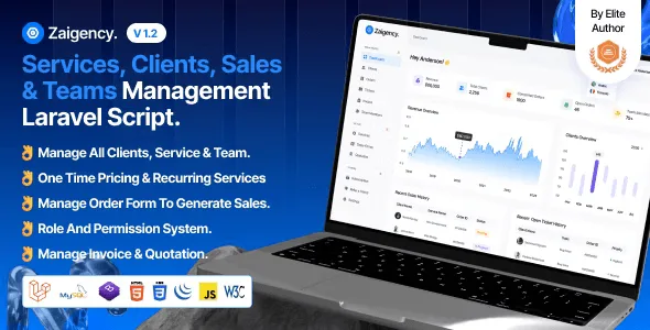 Zaigency Laravel agency management script dashboard showing quote management and client tracking