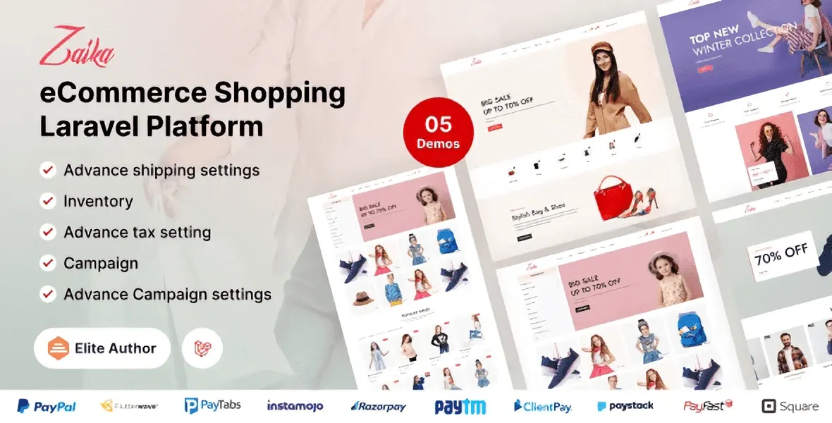 Zaika Laravel ecommerce platform dashboard with Elementor PRO page builder interface