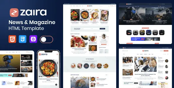 Zaira Bootstrap 5 news magazine template showing responsive layout with dark mode