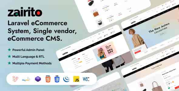 Zairito Laravel ecommerce script single vendor PHP dashboard preview