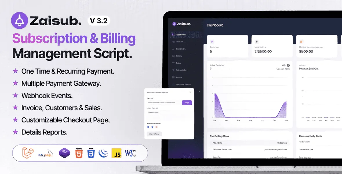 Zaisub Laravel subscription management and billing script dashboard interface