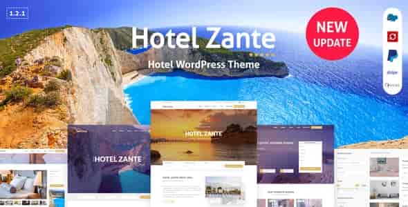 Zante hotel booking WordPress theme homepage with reservation system and modern responsive design