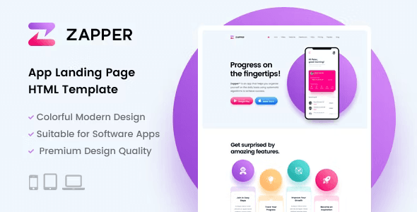 Zapper app landing page HTML template preview showing responsive mobile app website design