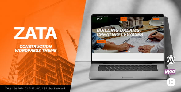 Zata construction WordPress theme homepage demo with Elementor page builder for contractors and builders