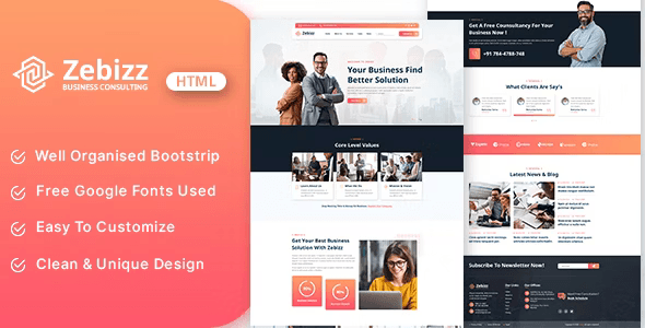Zebizz business consulting HTML template preview with Elementor PRO layout sections